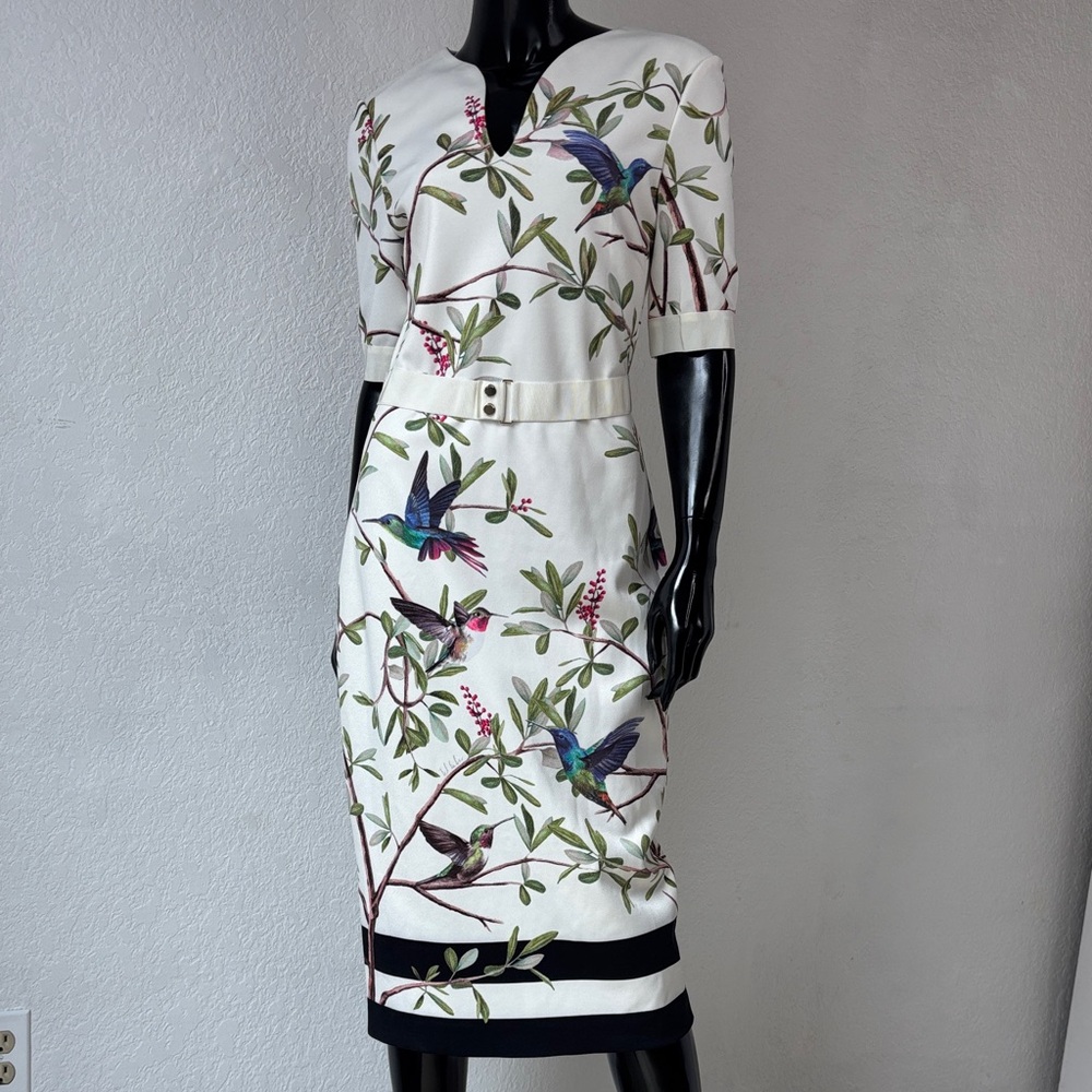 Ted Baker Ivory Hummingbird Print Belted Midi Dress with Black Hem